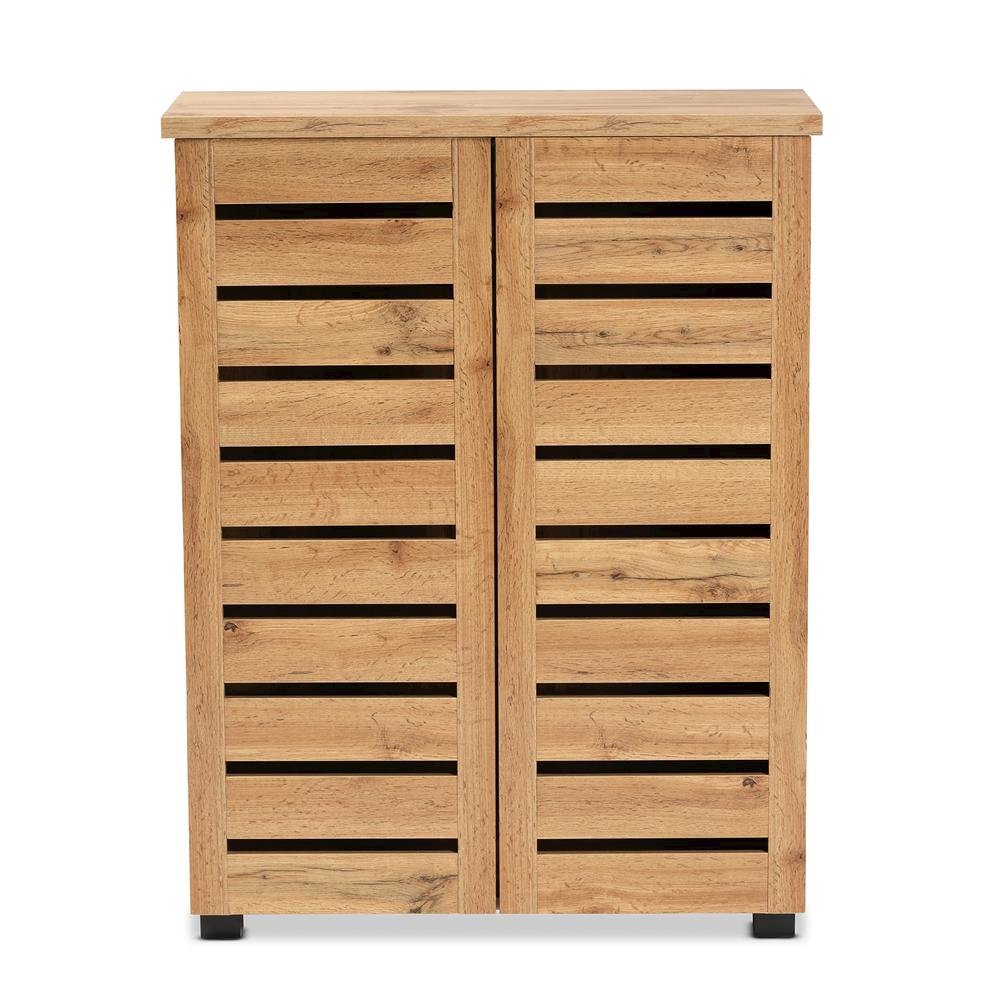 Oak Brown Finished Wood 2-Door Shoe Storage Cabinet. Picture 14