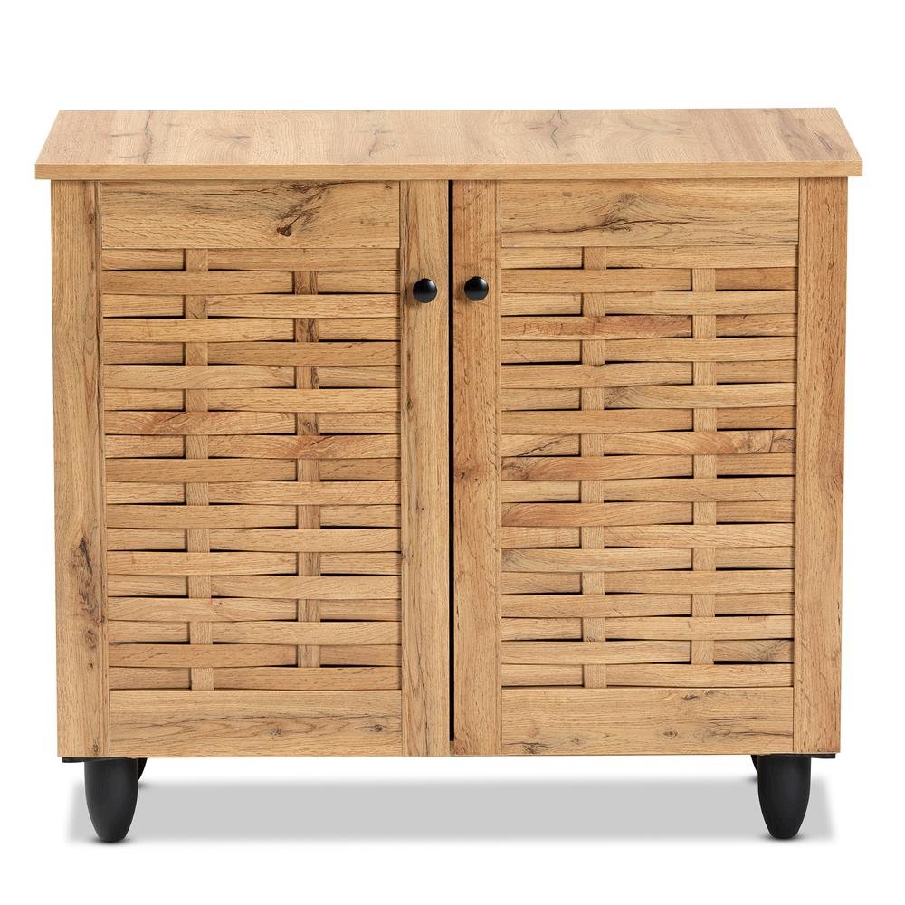 Winda Modern and Contemporary Oak Brown Finished Wood 2-Door Shoe Cabinet. Picture 13