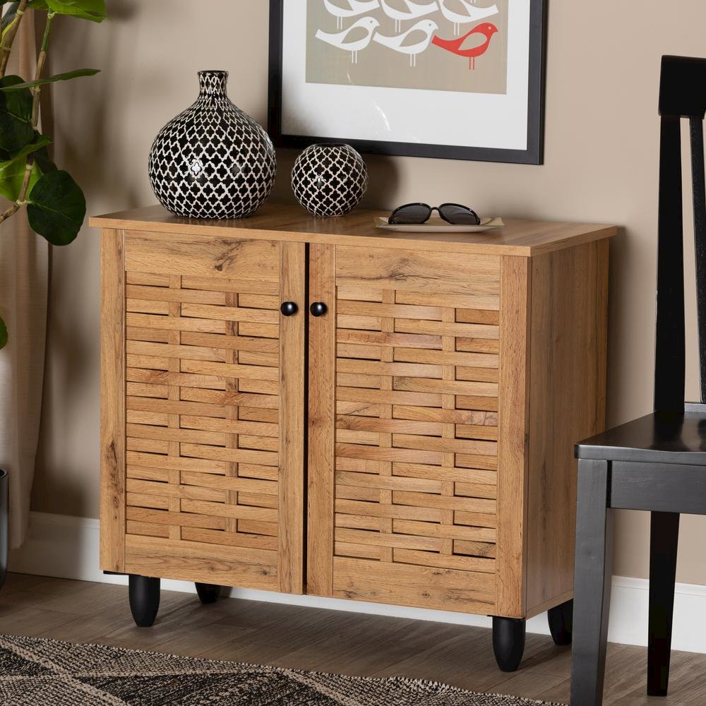 Winda Modern and Contemporary Oak Brown Finished Wood 2-Door Shoe Cabinet. Picture 17