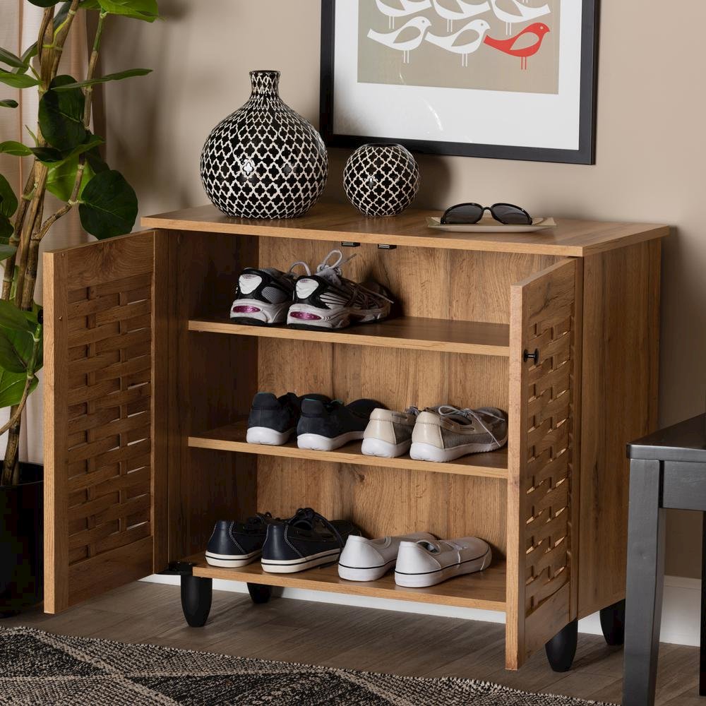 Winda Modern and Contemporary Oak Brown Finished Wood 2-Door Shoe Cabinet. Picture 18