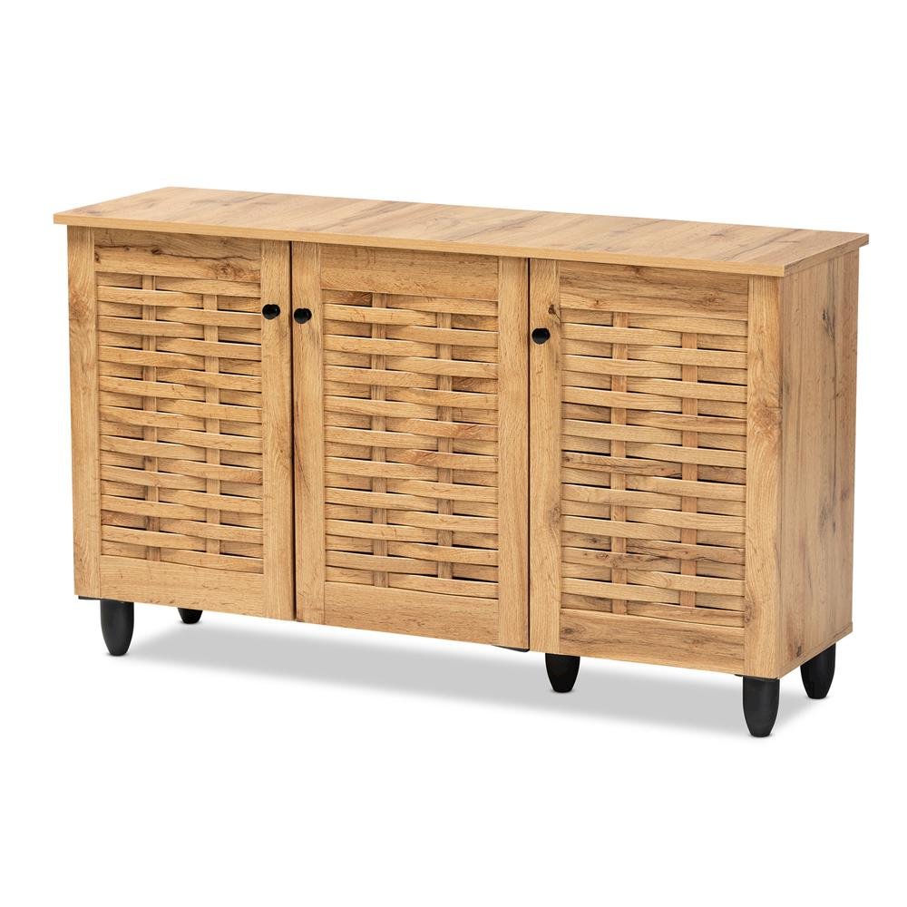 Winda Modern and Contemporary Oak Brown Finished Wood 3-Door Shoe Cabinet. Picture 12