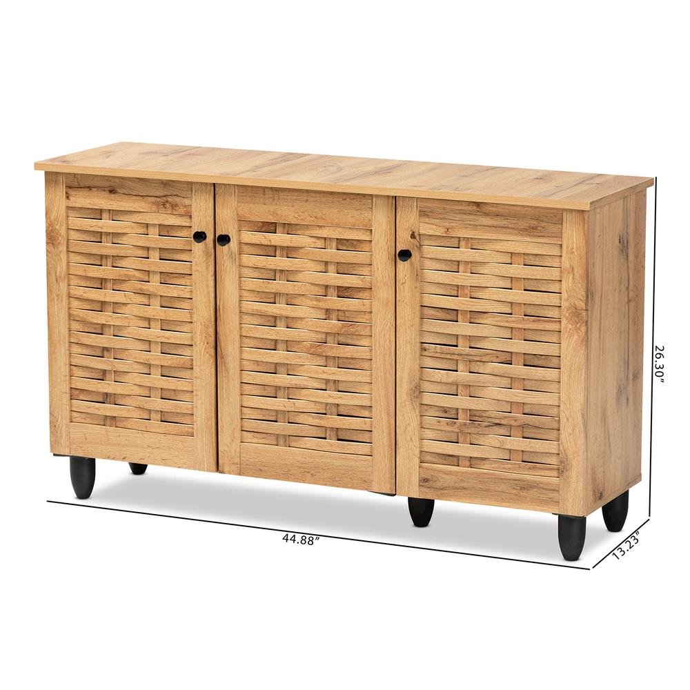 Winda Modern and Contemporary Oak Brown Finished Wood 3-Door Shoe Cabinet. Picture 21