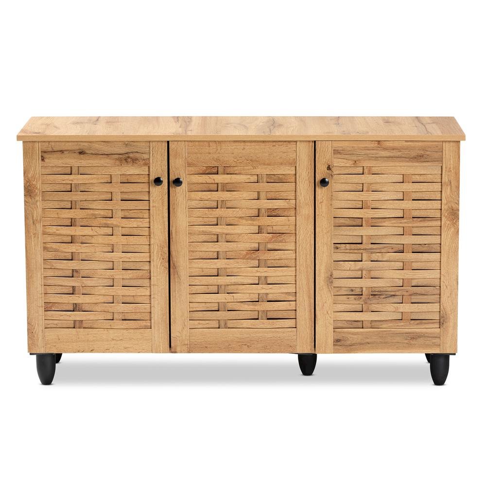 Winda Modern and Contemporary Oak Brown Finished Wood 3-Door Shoe Cabinet. Picture 14