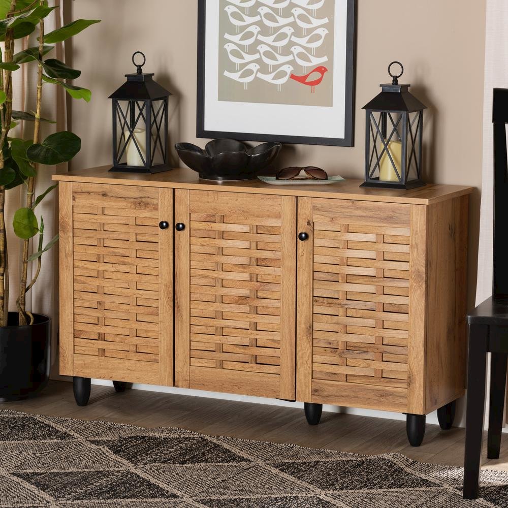 Winda Modern and Contemporary Oak Brown Finished Wood 3-Door Shoe Cabinet. Picture 18