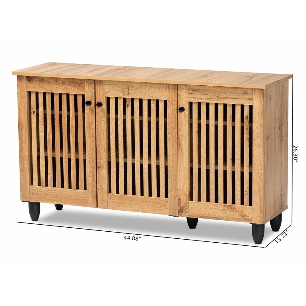Fernanda Modern and Contemporary Oak Brown Finished Wood 3-Door Shoe Cabinet. Picture 21