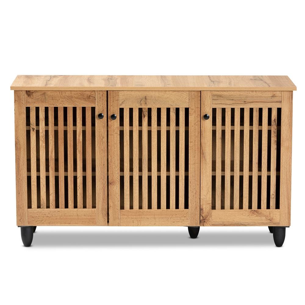 Fernanda Modern and Contemporary Oak Brown Finished Wood 3-Door Shoe Cabinet. Picture 14