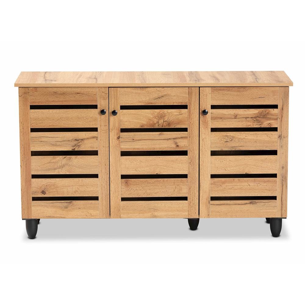 Oak Brown Finished Wood 3-Door Shoe Storage Cabinet. Picture 13
