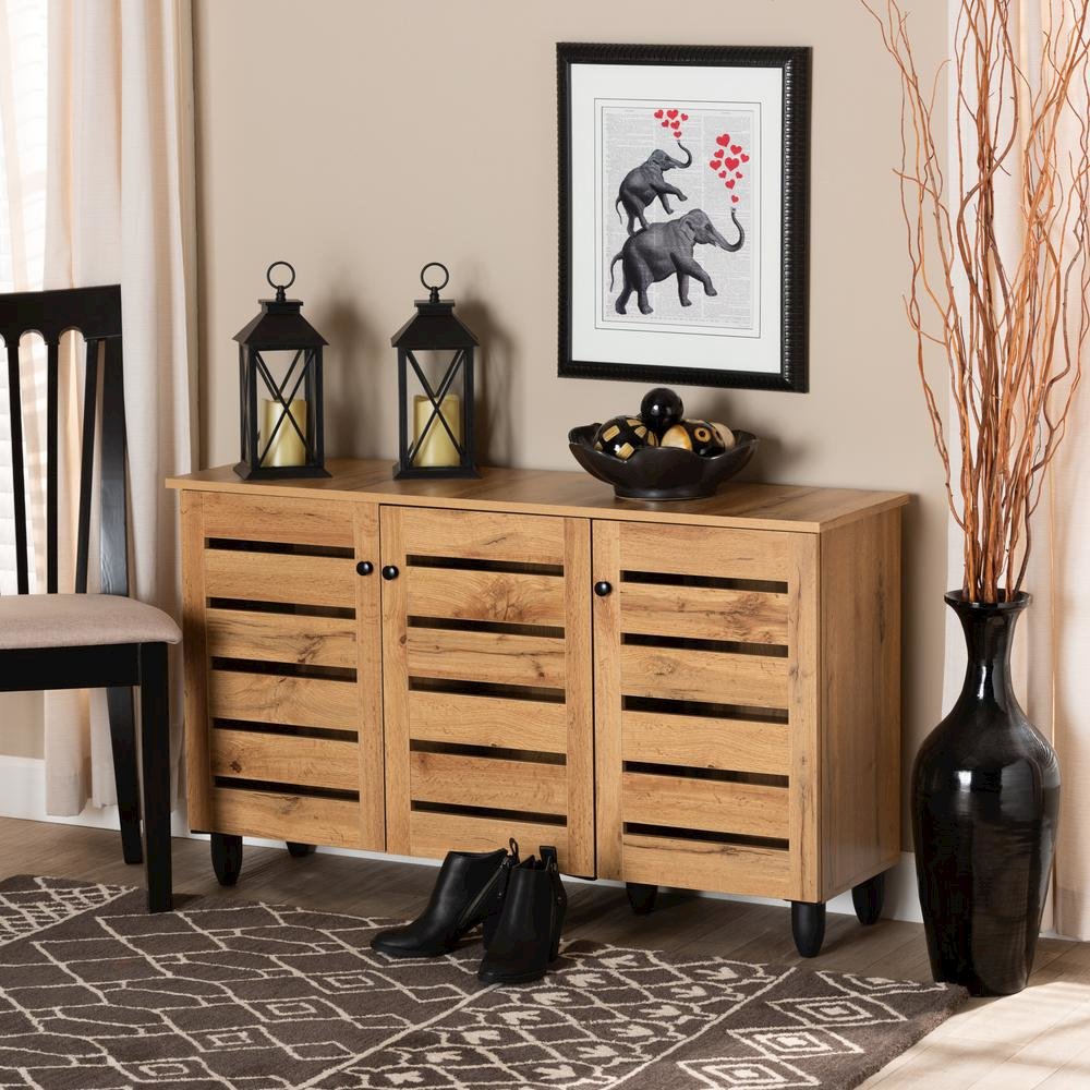 Oak Brown Finished Wood 3-Door Shoe Storage Cabinet. Picture 17