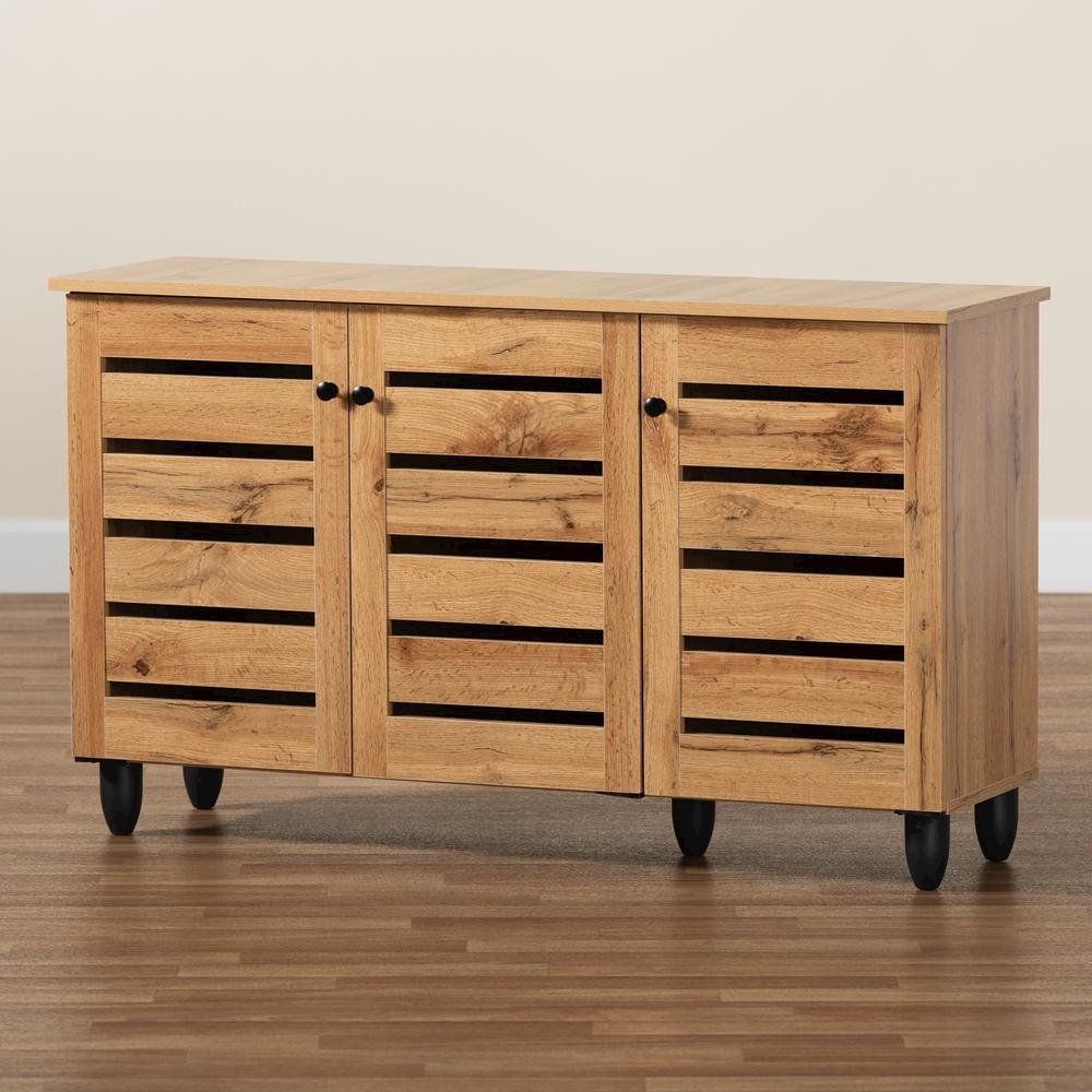 Oak Brown Finished Wood 3-Door Shoe Storage Cabinet. Picture 19