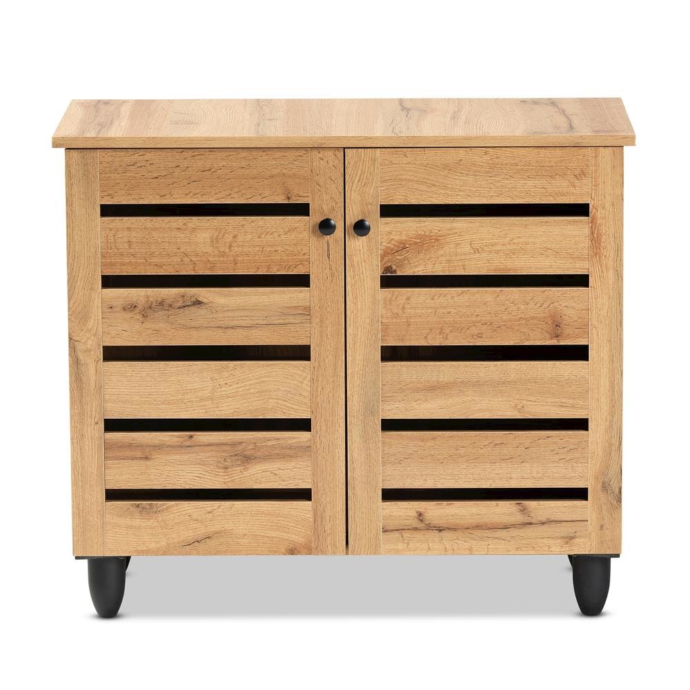 Oak Brown Finished Wood 2-Door Shoe Storage Cabinet. Picture 13