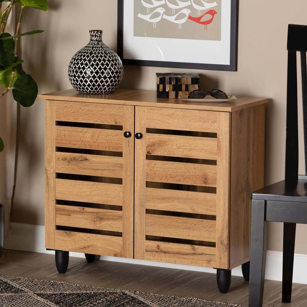 Oak Brown Finished Wood 2-Door Shoe Storage Cabinet. Picture 17