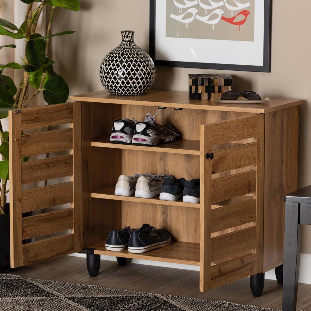 Oak Brown Finished Wood 2-Door Shoe Storage Cabinet. Picture 18