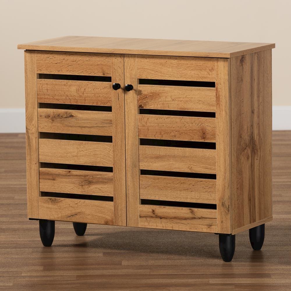 Oak Brown Finished Wood 2-Door Shoe Storage Cabinet. Picture 19