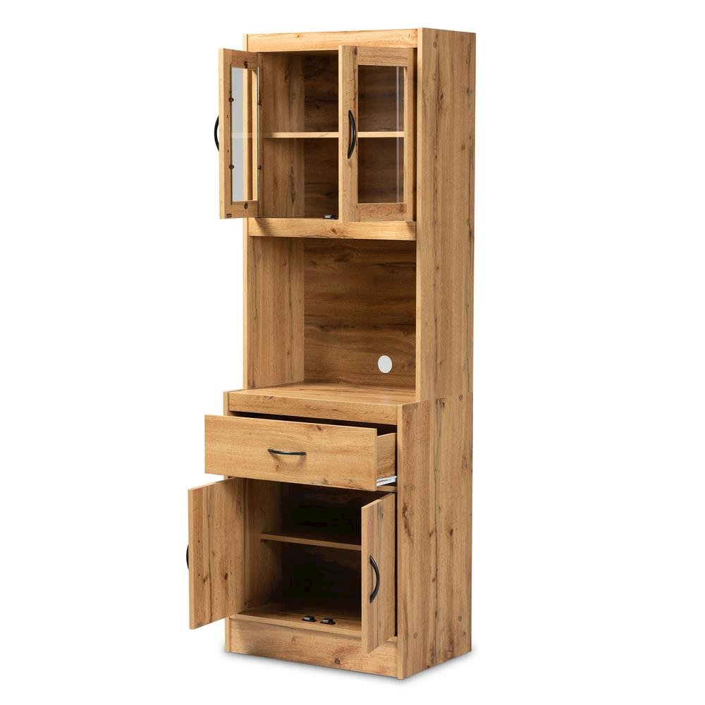 Oak Brown Finished Wood Kitchen Cabinet and Hutch. Picture 10