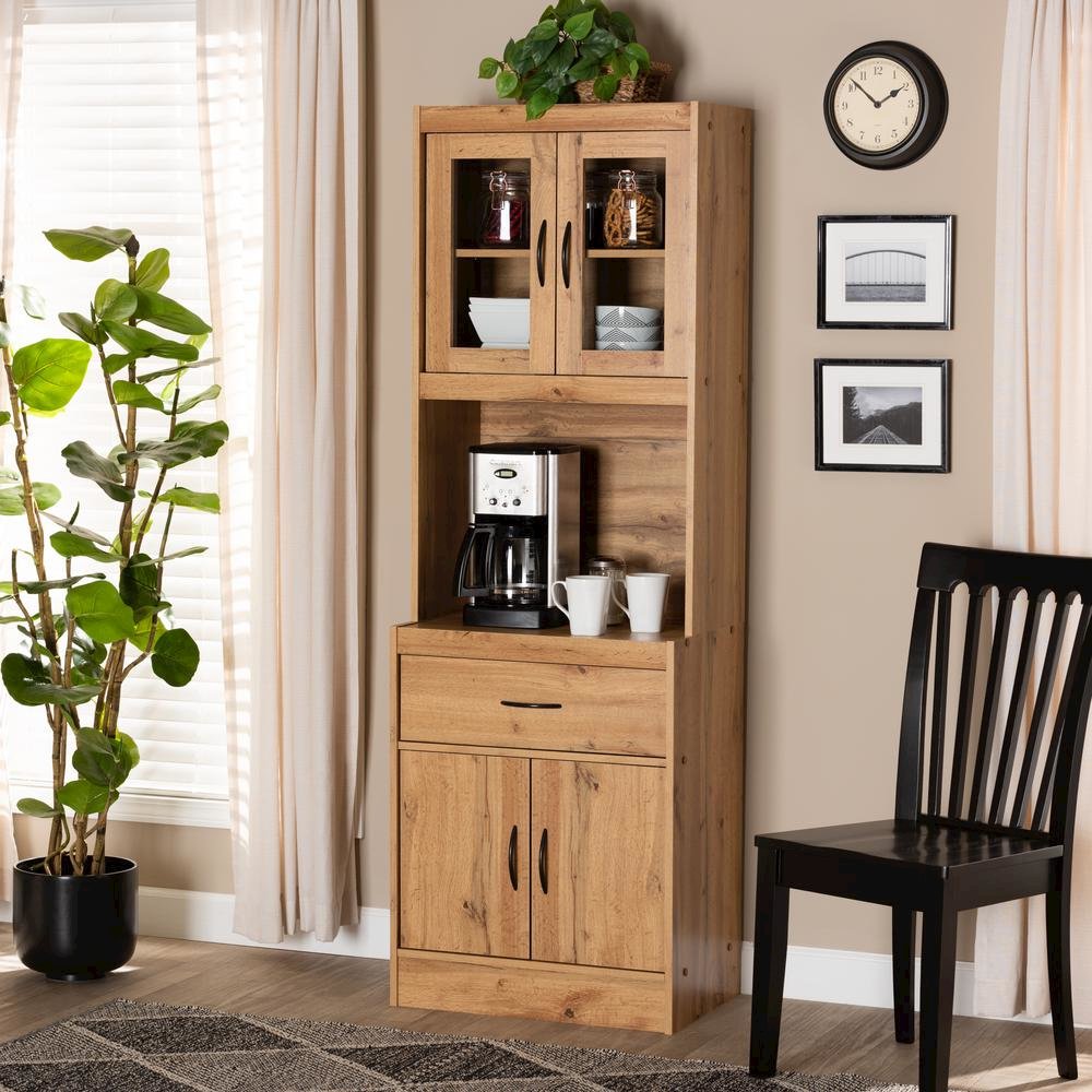 Oak Brown Finished Wood Kitchen Cabinet and Hutch. Picture 14