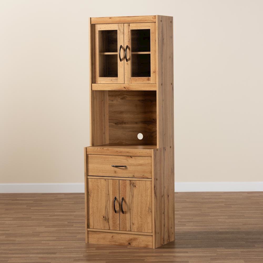 Oak Brown Finished Wood Kitchen Cabinet and Hutch. Picture 15