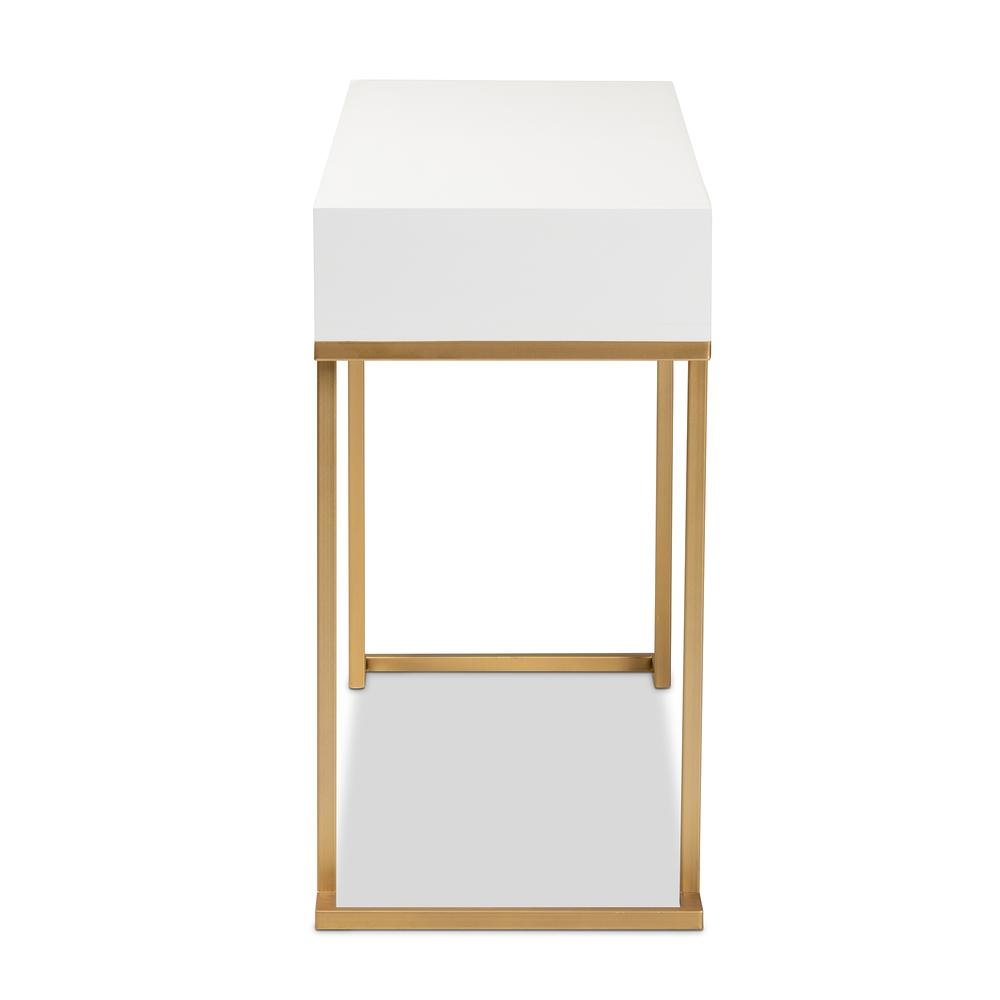 White Finished Wood and Gold Metal 2-Drawer Console Table. Picture 14