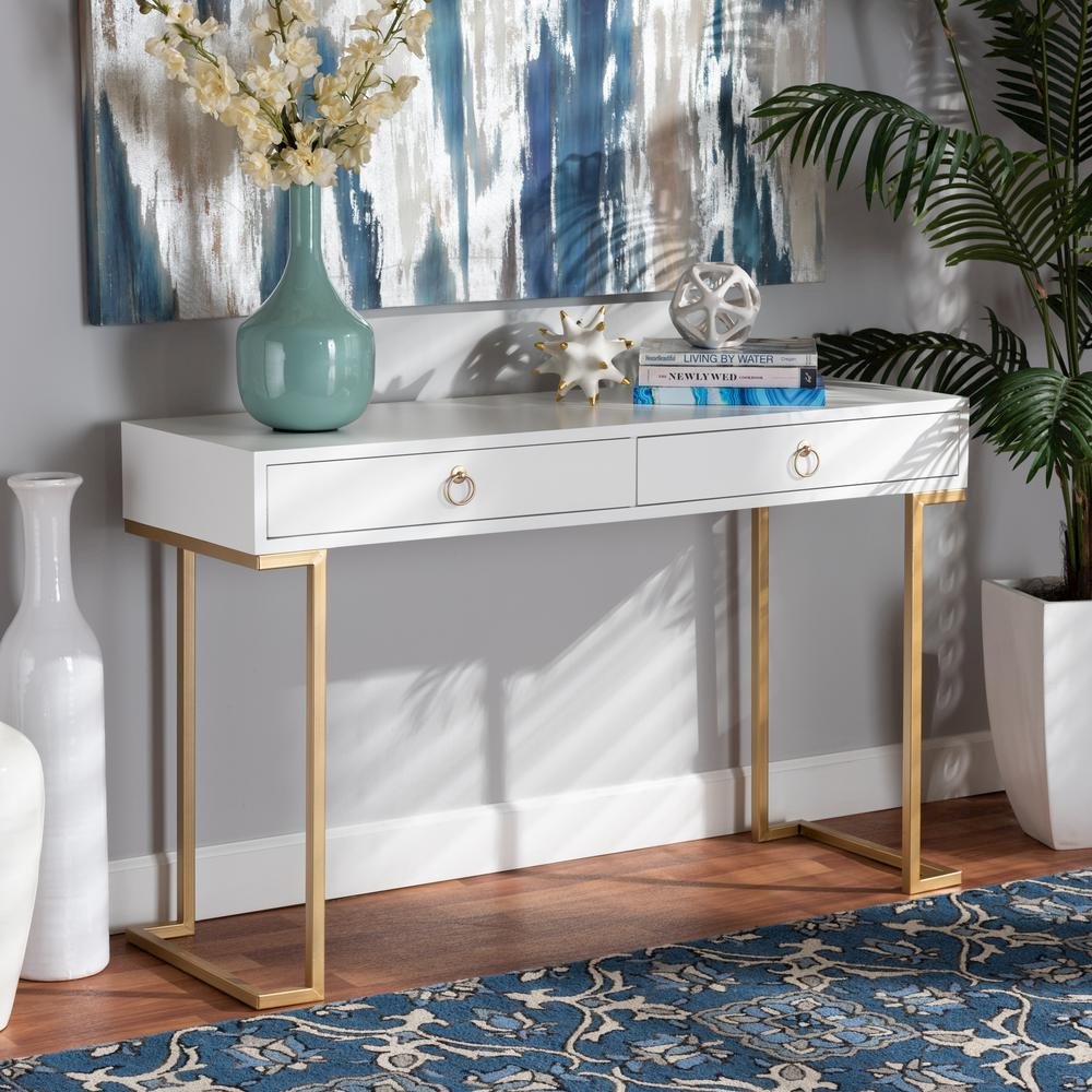 White Finished Wood and Gold Metal 2-Drawer Console Table. Picture 18