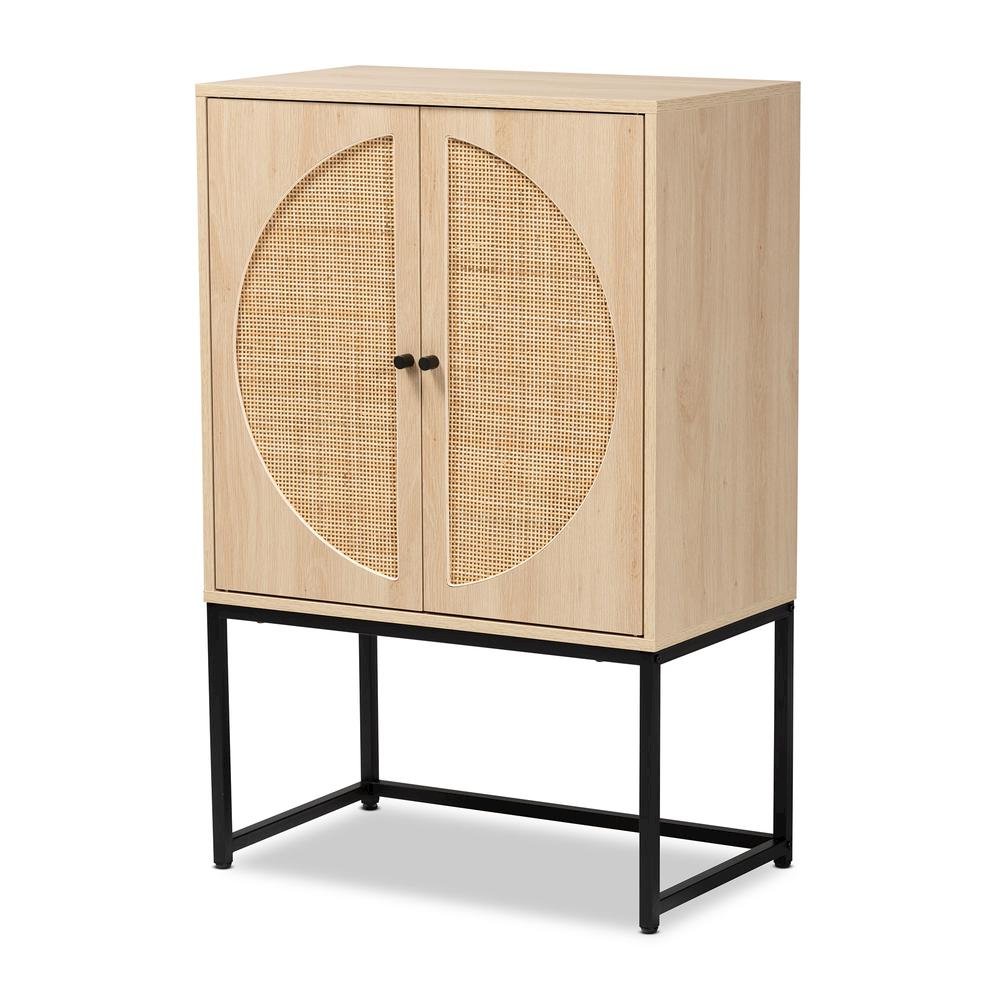 Black Metal 2-Door Storage Cabinet with Natural Rattan. Picture 12