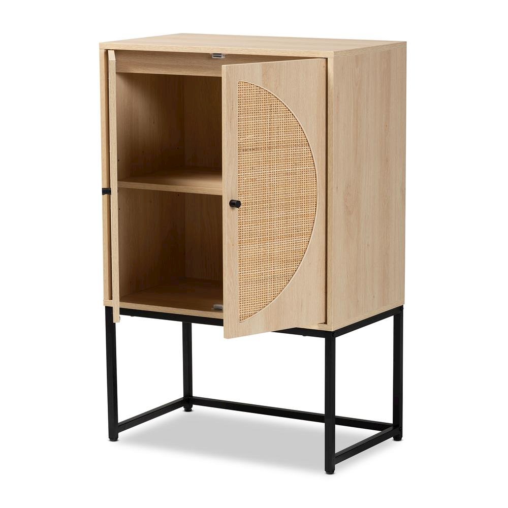 Black Metal 2-Door Storage Cabinet with Natural Rattan. Picture 13