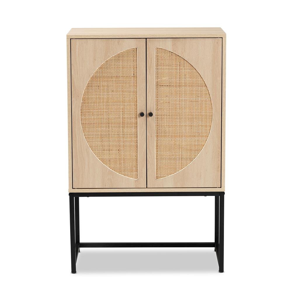Black Metal 2-Door Storage Cabinet with Natural Rattan. Picture 14