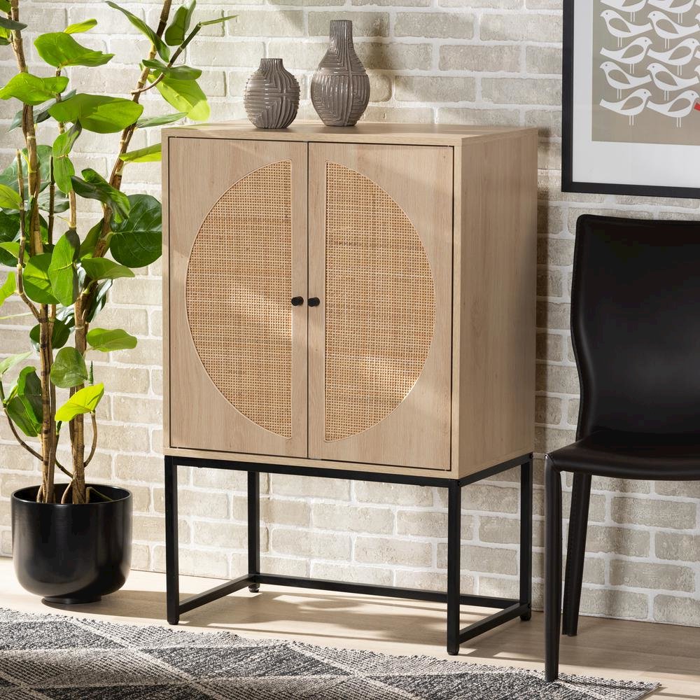 Black Metal 2-Door Storage Cabinet with Natural Rattan. Picture 19