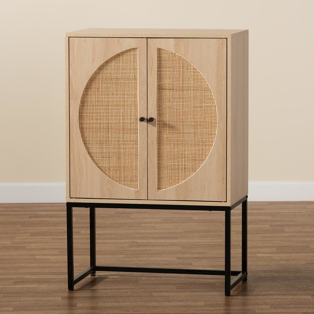 Black Metal 2-Door Storage Cabinet with Natural Rattan. Picture 20
