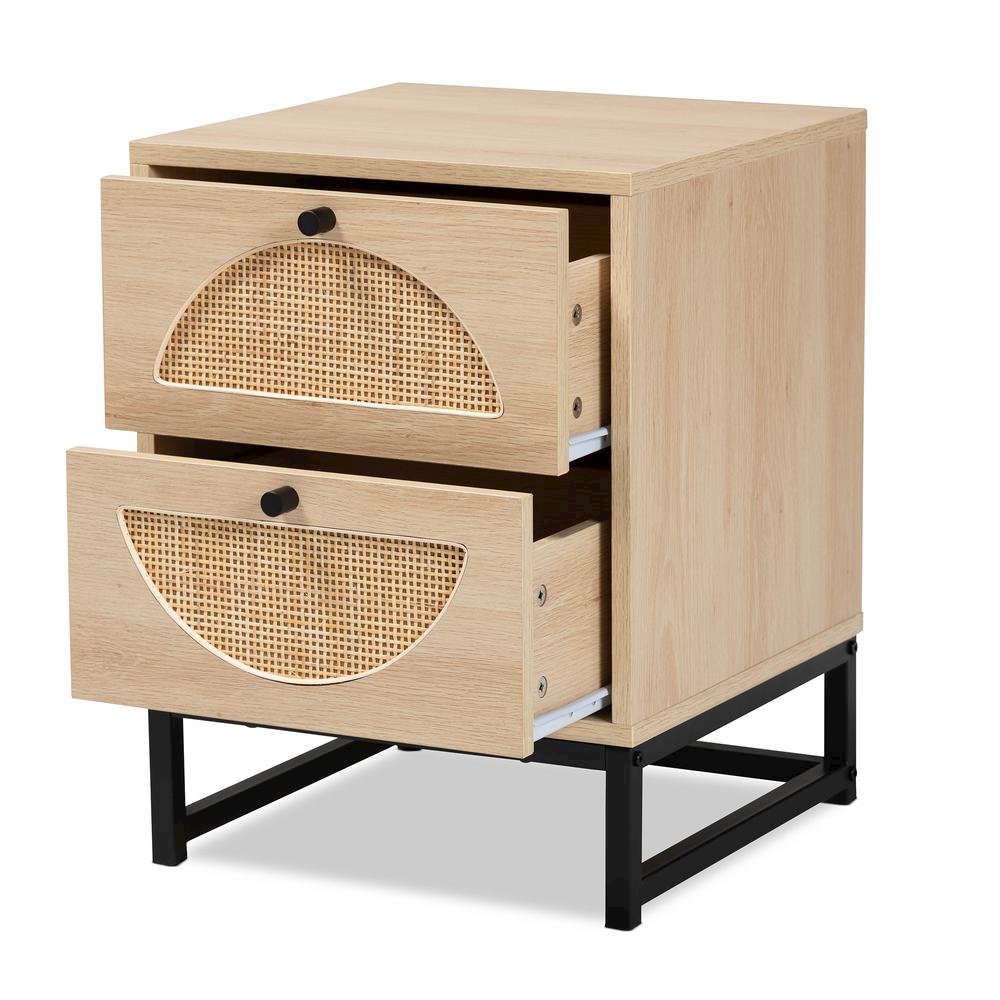 Black Metal 2-Drawer End Table with Natural Rattan. Picture 13