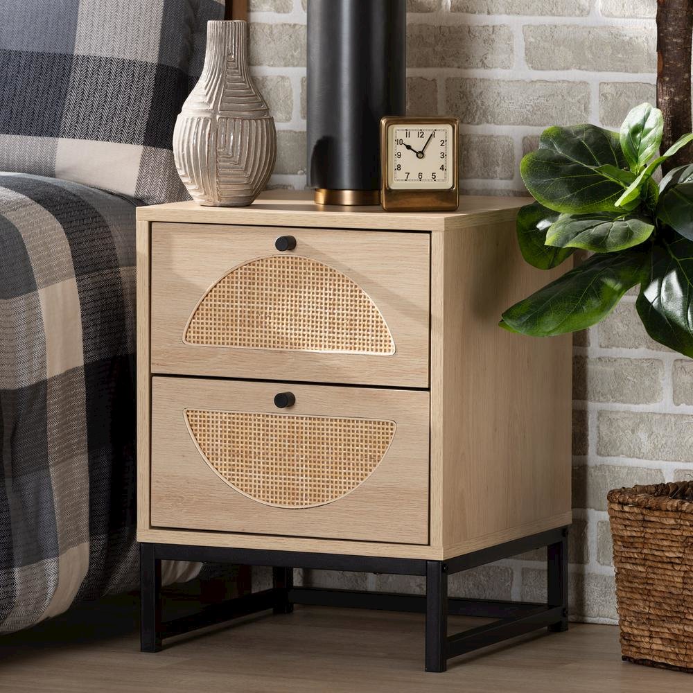 Black Metal 2-Drawer End Table with Natural Rattan. Picture 19