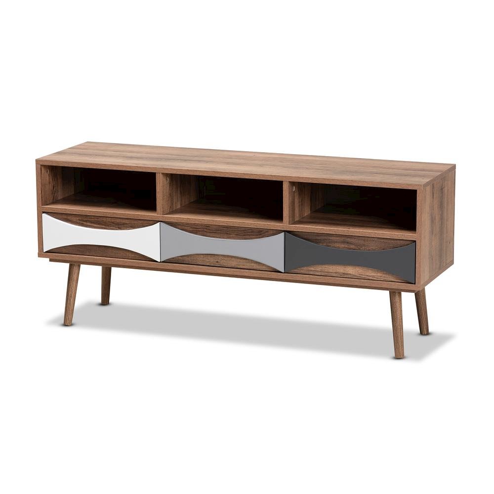 Natural Brown Finished and Multi-Colored Wood 3-Drawer TV Stand. Picture 11