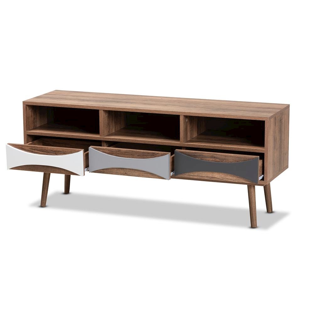 Natural Brown Finished and Multi-Colored Wood 3-Drawer TV Stand. Picture 12