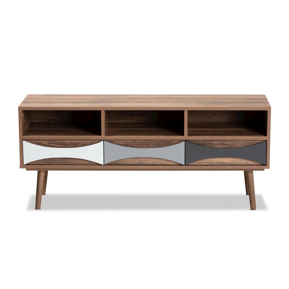 Natural Brown Finished and Multi-Colored Wood 3-Drawer TV Stand. Picture 13
