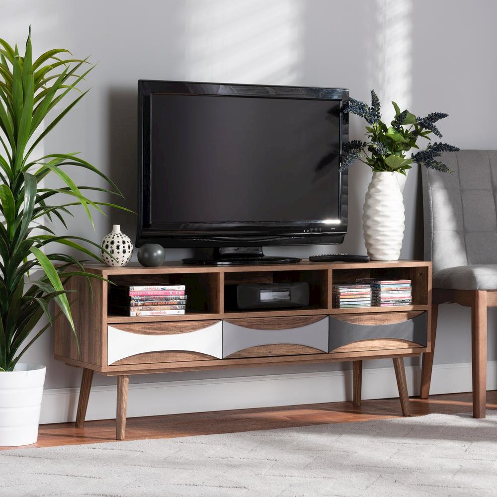Natural Brown Finished and Multi-Colored Wood 3-Drawer TV Stand. Picture 18