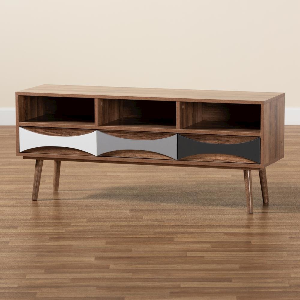 Natural Brown Finished and Multi-Colored Wood 3-Drawer TV Stand. Picture 19