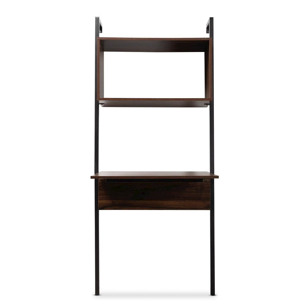 Industrial Walnut Brown Finished Wood and Black Metal Display Shelf with Desk. Picture 10