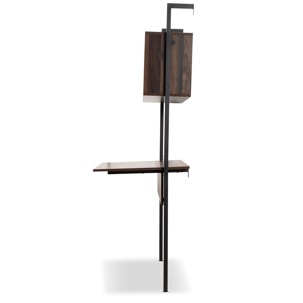 Industrial Walnut Brown Finished Wood and Black Metal Display Shelf with Desk. Picture 11