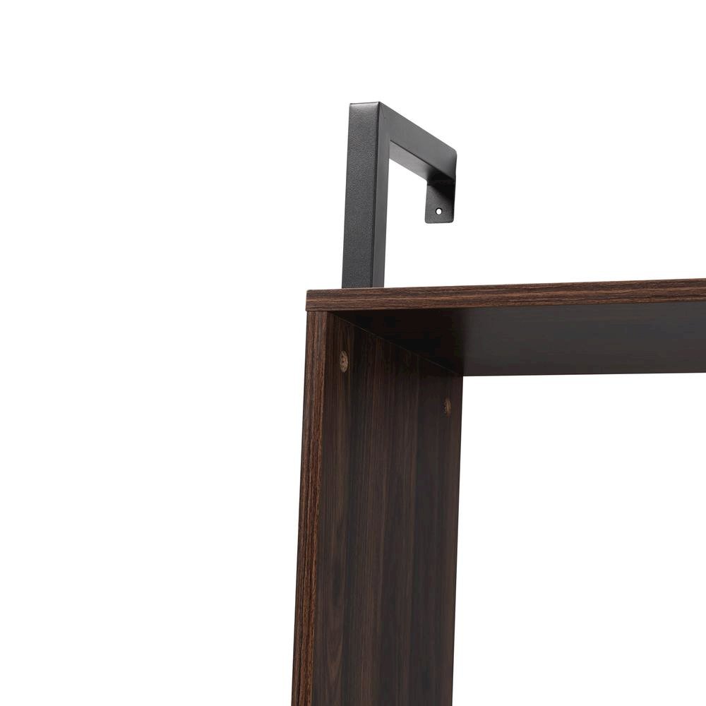 Industrial Walnut Brown Finished Wood and Black Metal Display Shelf with Desk. Picture 12