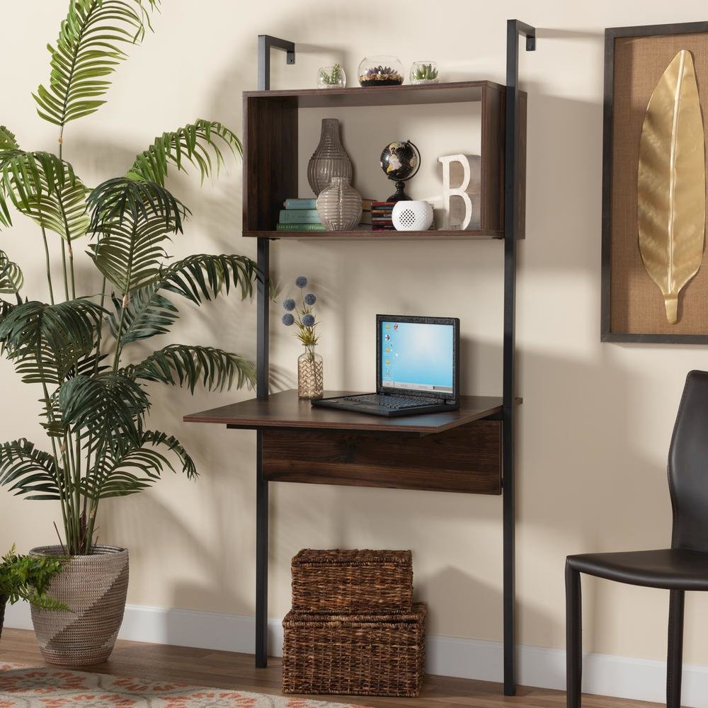 Industrial Walnut Brown Finished Wood and Black Metal Display Shelf with Desk. Picture 14
