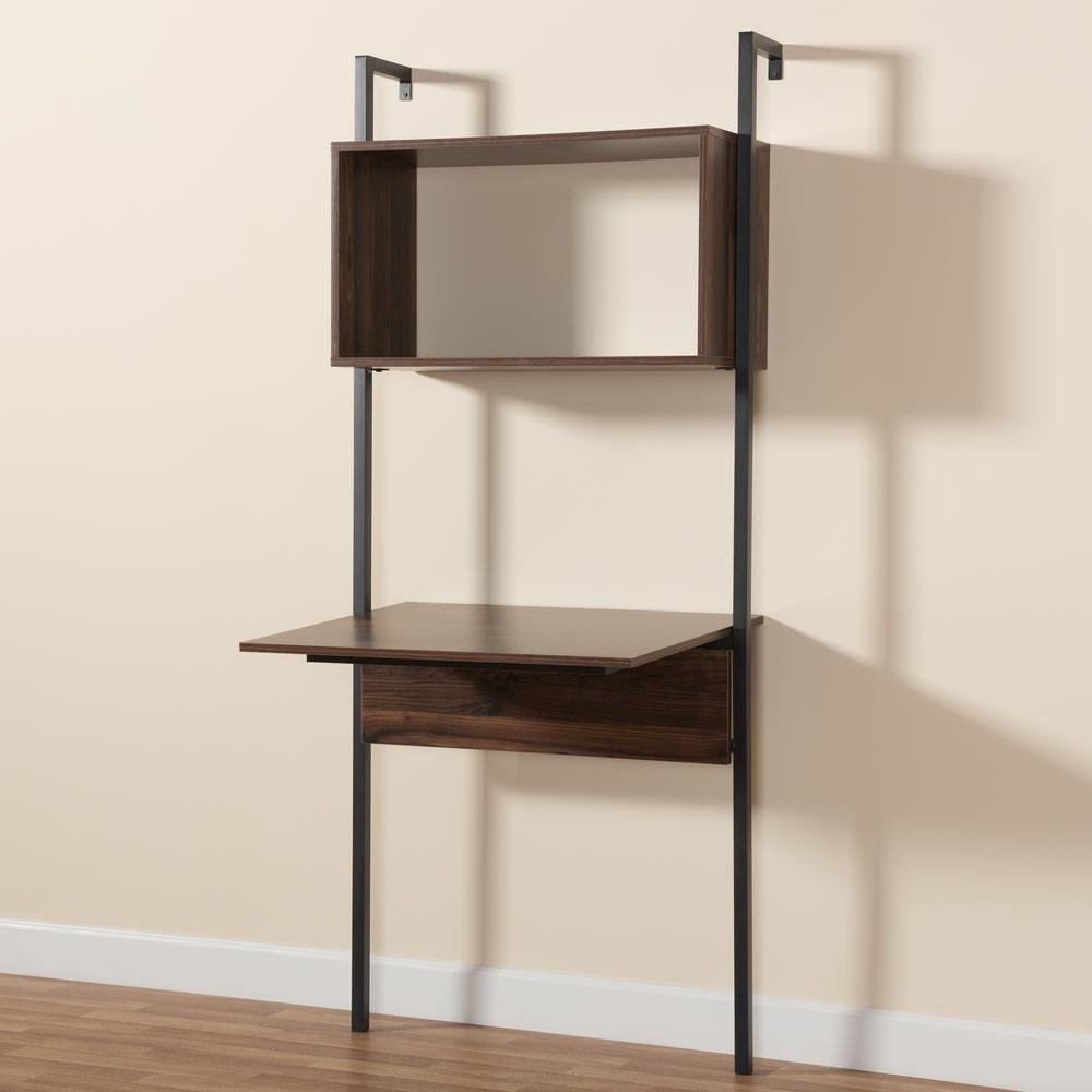 Industrial Walnut Brown Finished Wood and Black Metal Display Shelf with Desk. Picture 15