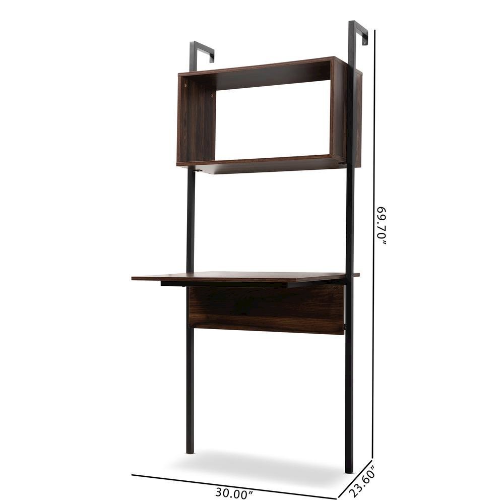 Industrial Walnut Brown Finished Wood and Black Metal Display Shelf with Desk. Picture 16