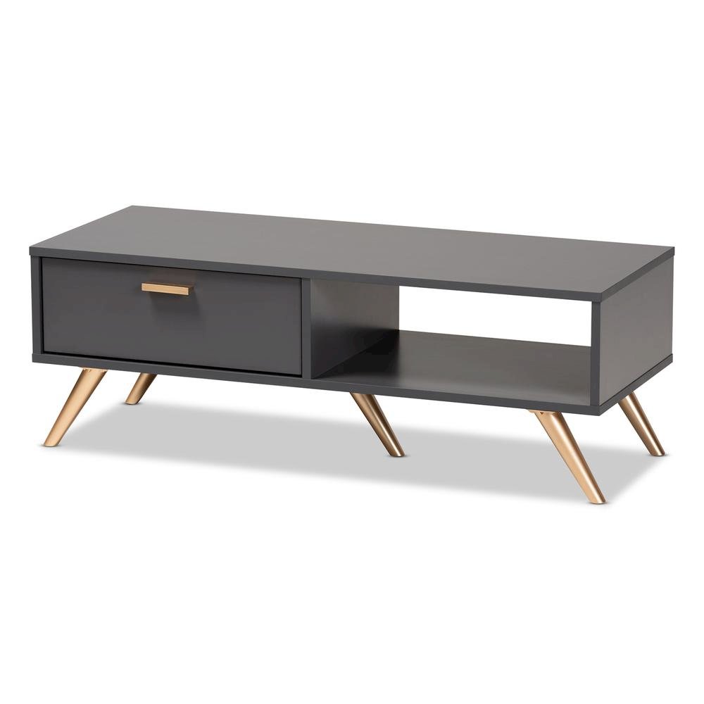 Kelson Modern and Contemporary Dark Grey and Gold Finished Wood Coffee Table. Picture 1