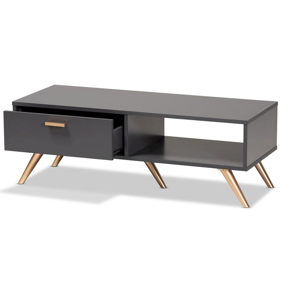 Kelson Modern and Contemporary Dark Grey and Gold Finished Wood Coffee Table. Picture 2