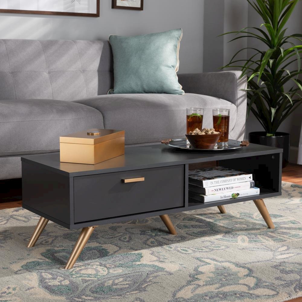 Kelson Modern and Contemporary Dark Grey and Gold Finished Wood Coffee Table. Picture 9