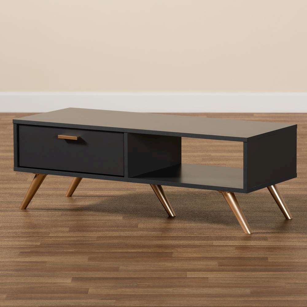 Kelson Modern and Contemporary Dark Grey and Gold Finished Wood Coffee Table. Picture 10