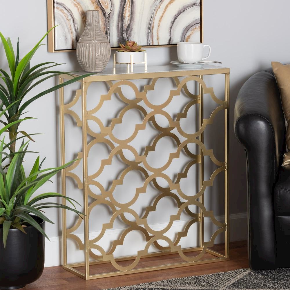 Gold Finished Metal Console Table with Marble Tabletop. Picture 14