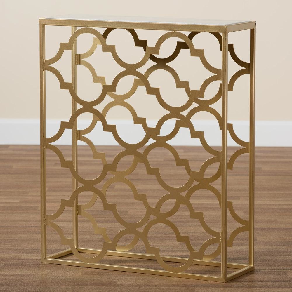 Gold Finished Metal Console Table with Marble Tabletop. Picture 15