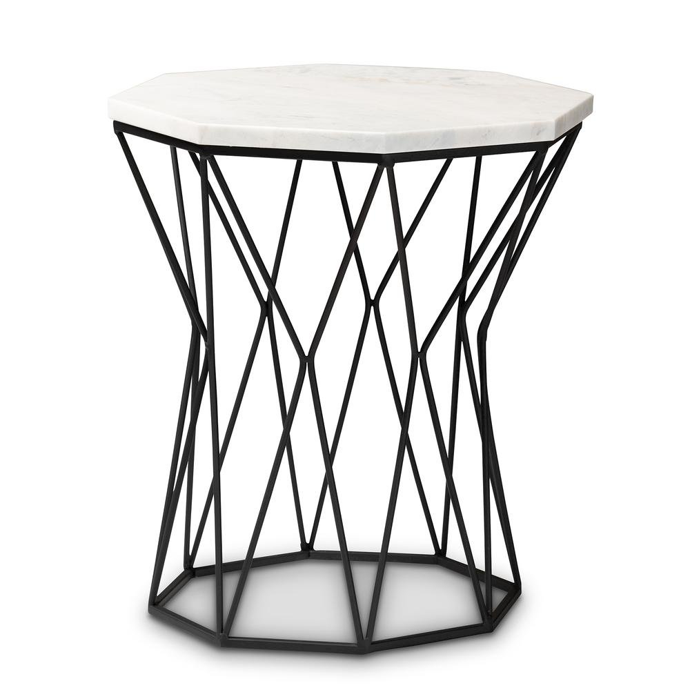 Venedict Modern and Contemporary Black Metal End Table with Marble Tabletop. Picture 9
