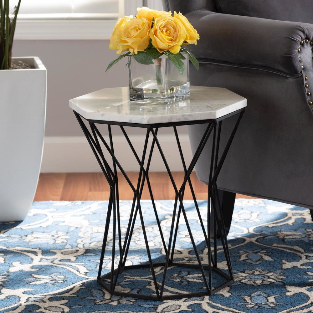 Venedict Modern and Contemporary Black Metal End Table with Marble Tabletop. Picture 14