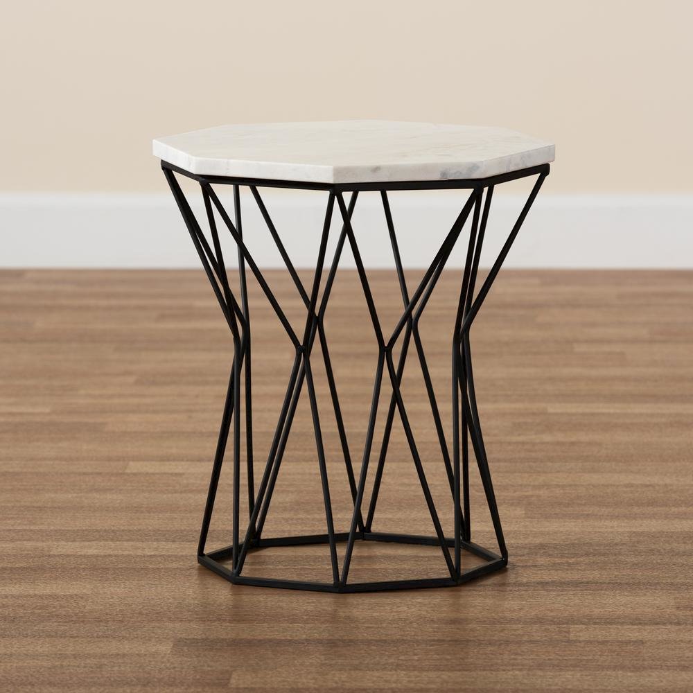 Venedict Modern and Contemporary Black Metal End Table with Marble Tabletop. Picture 15