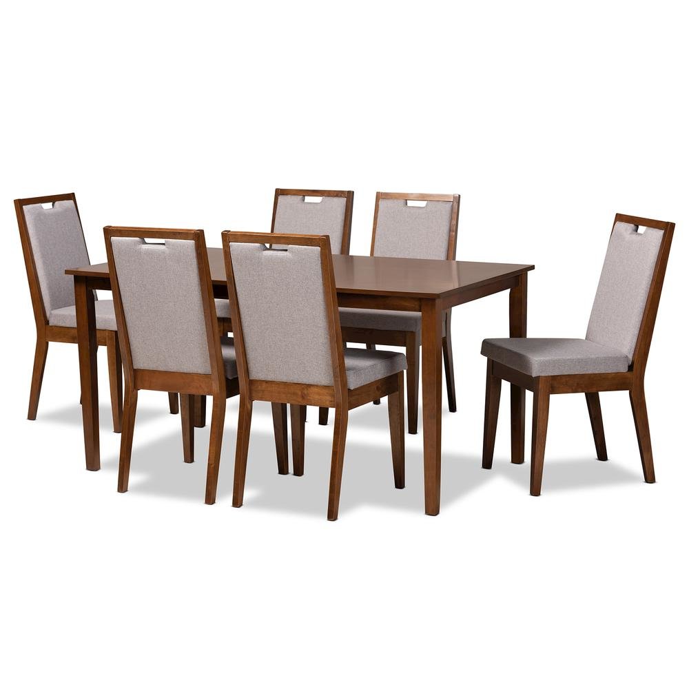 Grey Fabric Upholstered and Walnut Brown Finished Wood 7-Piece Dining Set. Picture 11